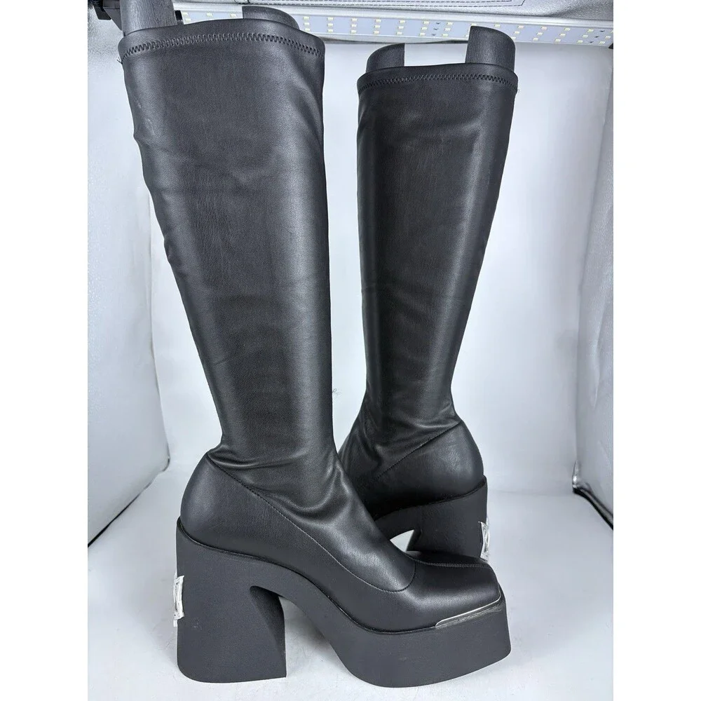Naked Wolfe Black Stretch Platform Knee High Boots “Impact” Sz 10 Emo Goth Alt